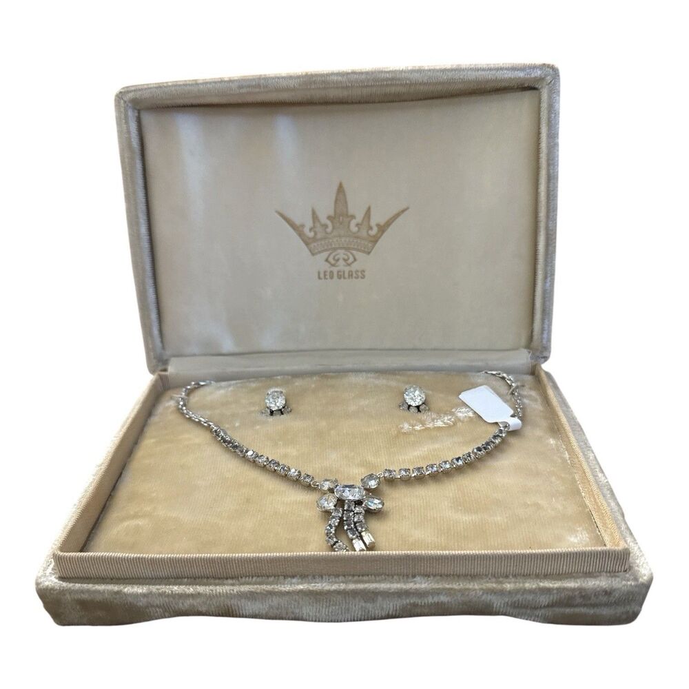 Vintage Leo Glass Art Deco Rhinestone Necklace Earrings Set 1940s Wedding Box